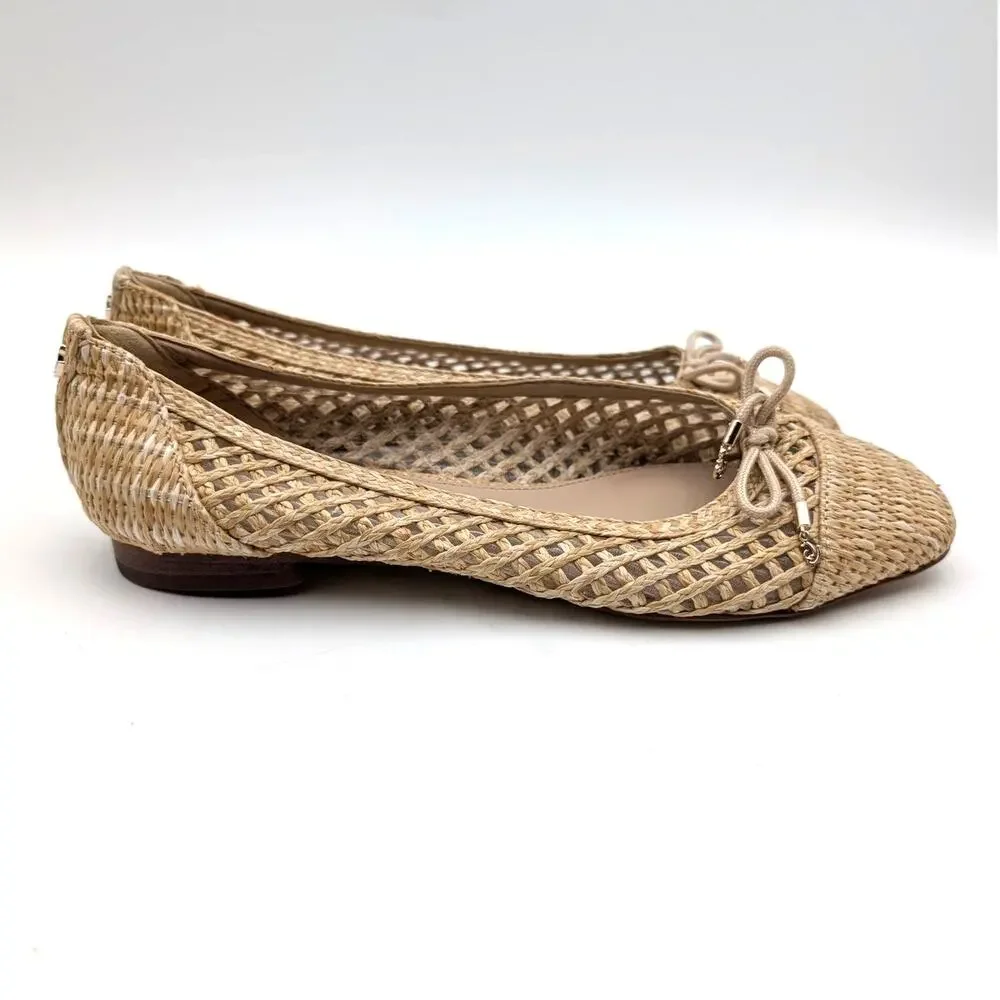 Sam Edelman May Ballet Flat Bow Detail Women's Woven Raffia Size US7.5M EU38